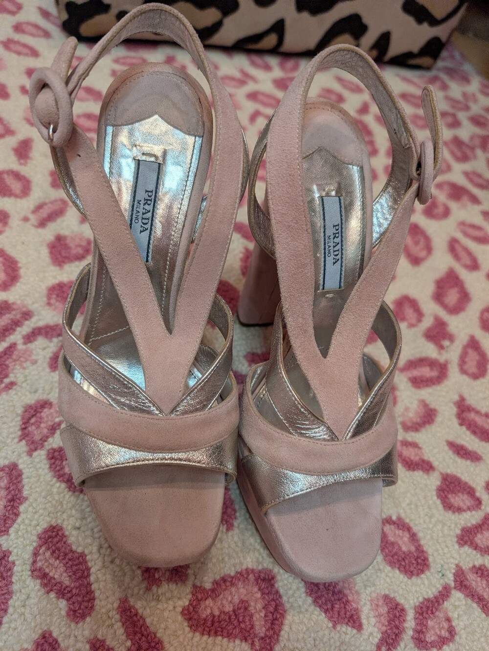 Prada Pink Suede and Metallic Silver Slingback Heels